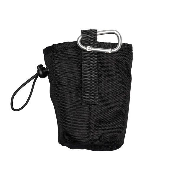 Black pouch with carabiner and strap on a white background