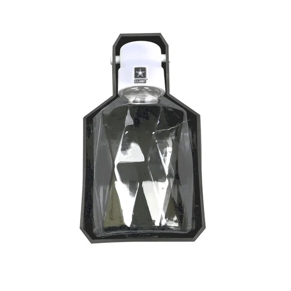 Clear glass bottle with black cap on a white background