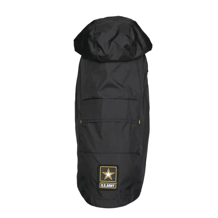 Black dog coat with U.S. Army logo on a white background