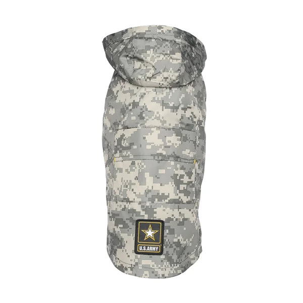 Camouflage dog coat with U.S. Army logo on a white background