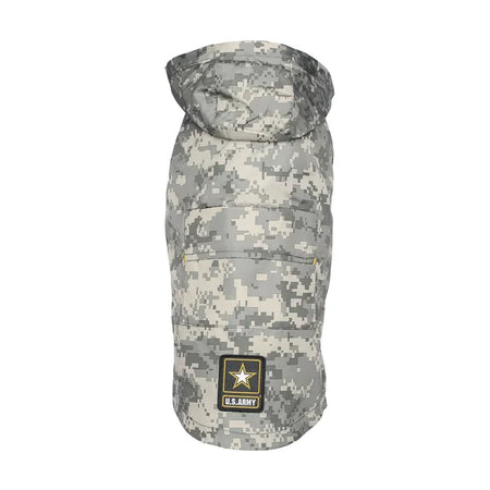 Camouflage dog coat with U.S. Army logo on a white background