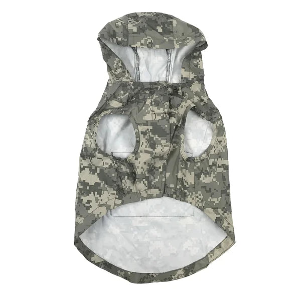 Camouflage dog coat with a hood on a white background