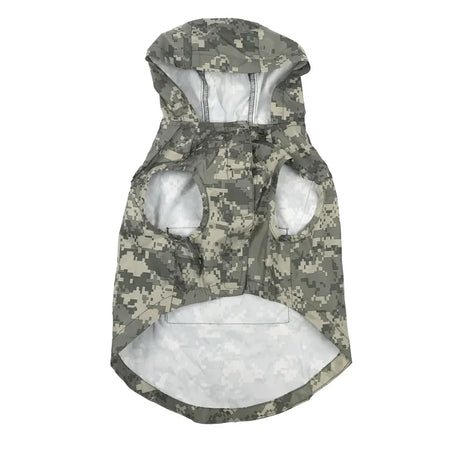 Camouflage dog coat with a hood on a white background