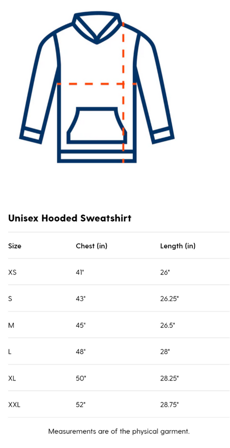 Unisex hooded sweatshirt with measurement chart on a white background