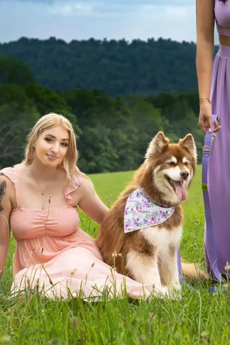 Waterproof Dog Leash in Lavender Garden Design - Aria the Fox with dog and girl