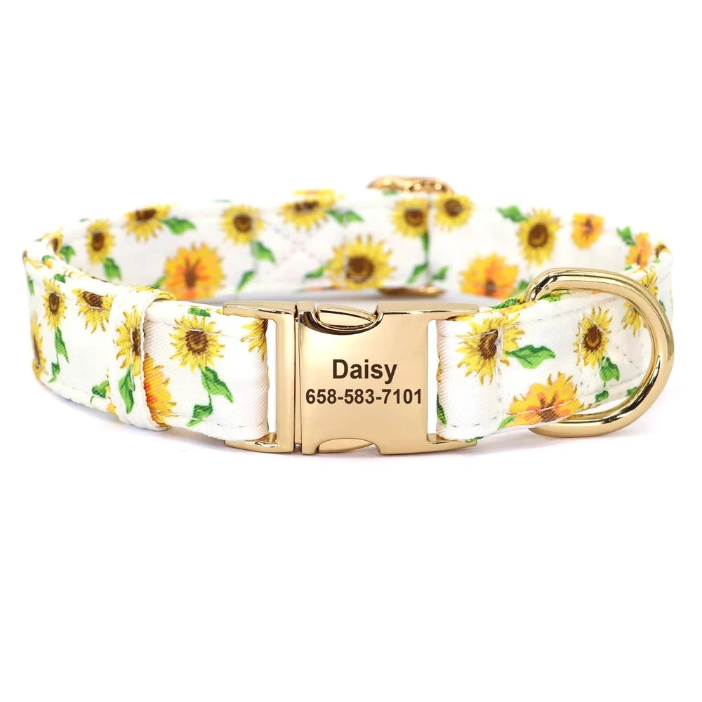 Personalized Print Nylon Dog Collar - Custom ID Tag for Small & Large Dogs WHITE SUNFLOWERS / L - Dog Store Online