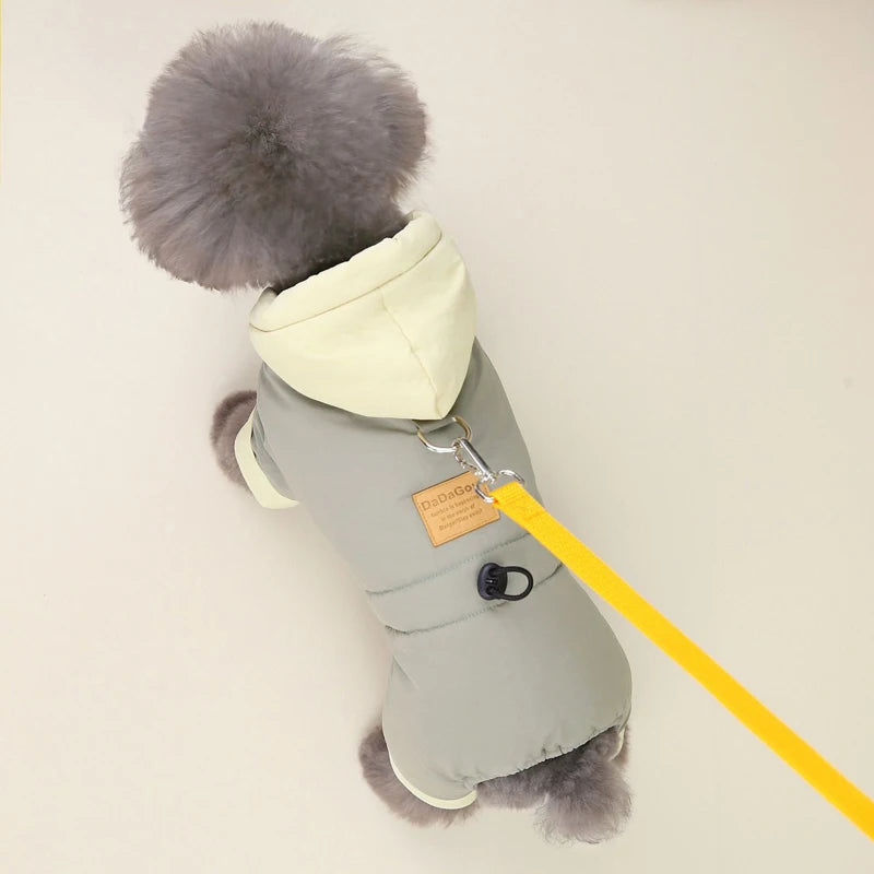 Winter_Windproof_Dog_Jumpsuit_rear view dog in green with leash