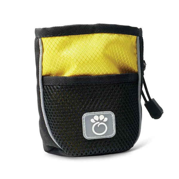 Black and yellow pouch with a brand logo on a white background