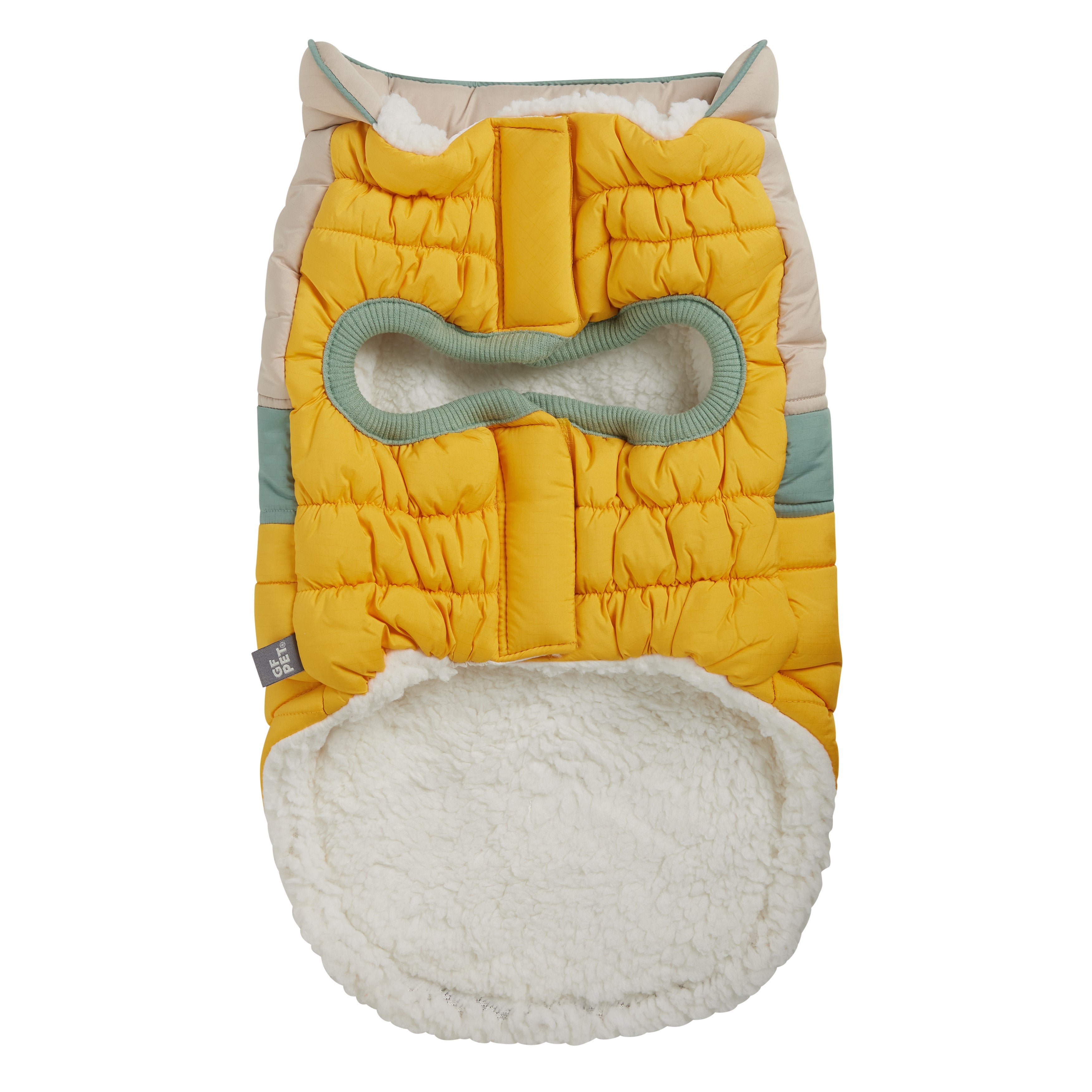 Yellow quilted dog coat with beige and white accents on a white background