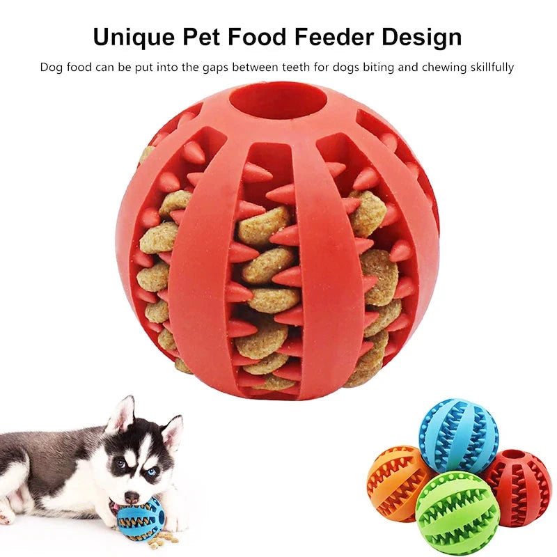 Image featuring a red, rubber ball with ridges filled with dog food kibble. Below, a small puppy bites the Interactive Elasticity Dog Ball Toy - Small Dog Chew & Tooth Cleaning Rubber Food Ball. To the right, three additional balls are shown in different colors: blue, green, and orange. Text at the top reads, 