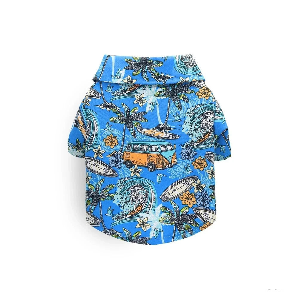 Tropical Breeze Hawaiian Dog Beach Shirt – Leaf Print Summer Clothes for all Size Dogs BLUE CAR / S - Dog Store Online