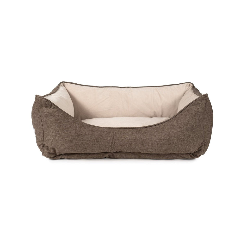Brown pet bed with beige interior on a white background