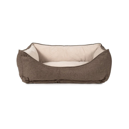 Brown pet bed with beige interior on a white background