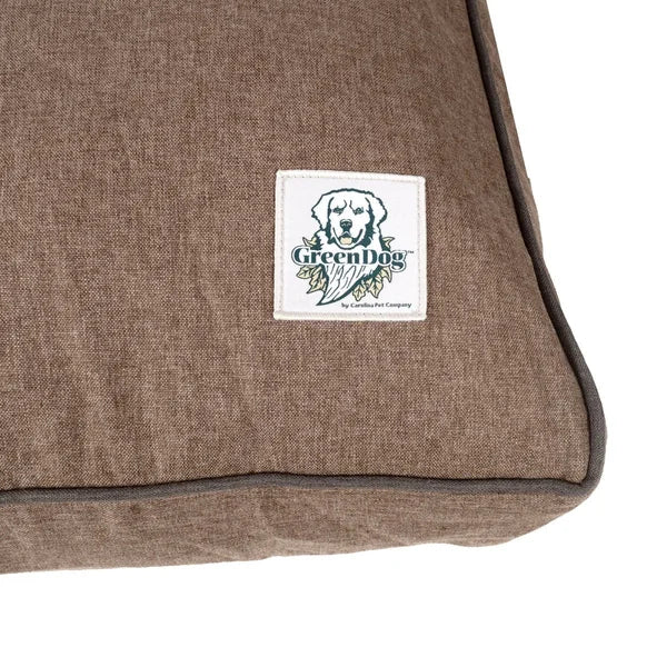 Brown pet bed with a GreenDog label on a white background