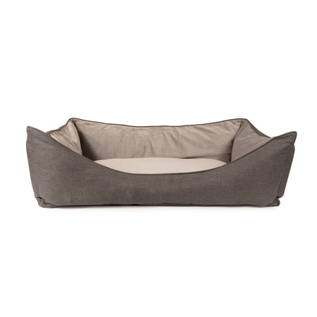 Gray pet bed with beige interior on a white background