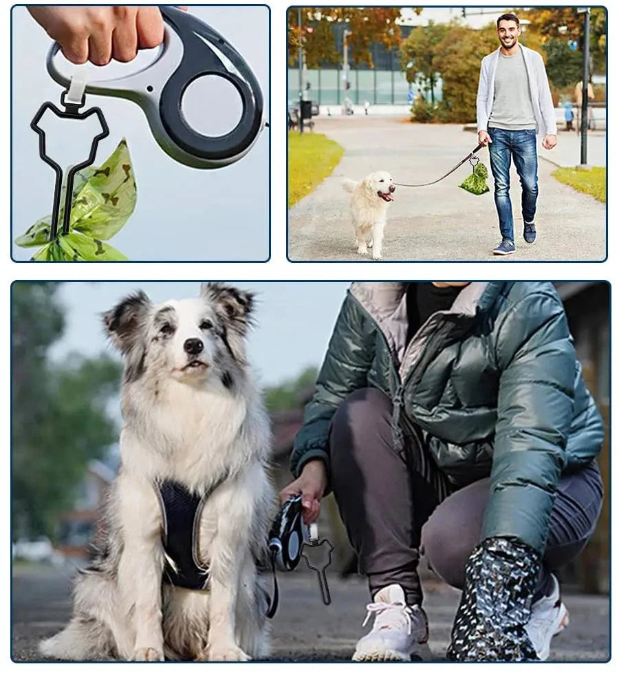 A collage of three images showing a Hands-Free Dog Poop Bag Clip – Effortless Clean-Up on Every Walk in use. Top left: hand holding the lightweight clip and a green bag with waste. Top right: a man using the hands-free convenience of the clip while walking his dog. Bottom: a person in a green jacket using the clip next to their sitting dog.