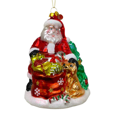 Christmas ornament of Santa Claus with a reindeer and presents on a white background