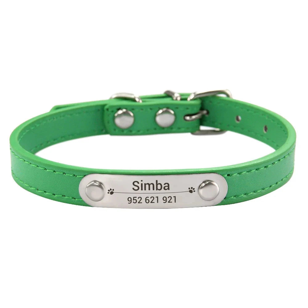 Personalized Solid PU Leather Dog Collar - Custom Name ID for Small, Medium & Large Dogs GREEN / XS (22-27cm) - Dog Store Online