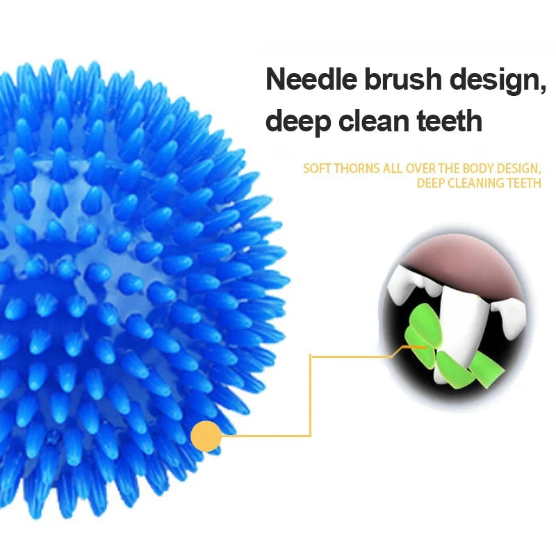 Chew-n-Squeak! Dog Toy Ball for Dental Health & Fun - Durable, Squeaky Teeth Cleaning Accessory for dogs with text reading 