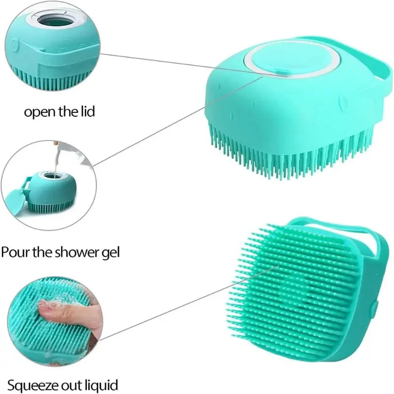 Teal-colored, handheld Soft Silicone Bath Massage Brush for Dogs - Gentle, Effective Grooming & Relaxation with soft bristles shown in different usage steps. First image: lid is opened, revealing an inner compartment. Second image: shower gel is poured into the compartment. Third image: scrubber is squeezed to dispense liquid for comfortable and safe use.