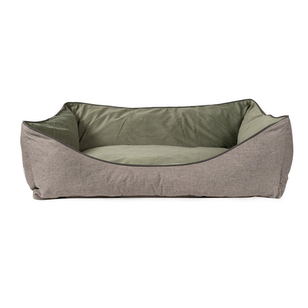 Two-toned pet bed with green and gray fabric on a white background