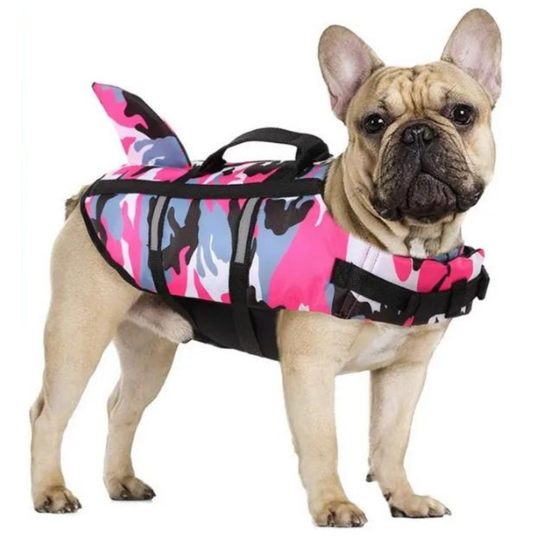 pink_camo_shark_style_life_jacket_with_small_dog