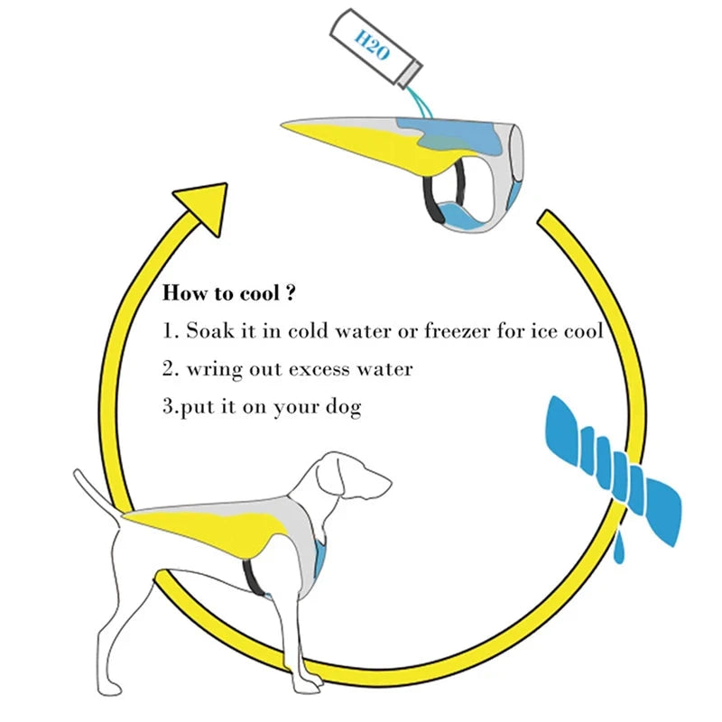 Illustration showing cooling instructions for a ChillPup Reflective Cooling Vest Harness - Quick Release, Breathable Summer Jacket for Dogs (Small to Large). 1. Soak the cooling vest in cold water or freezer for ice cool. 2. Wring out excess water. 3. Put it on your dog using the adjustable straps. The blue and yellow vest fits over the dog's back and chest, with blue arrows and icons reinforcing each step.

