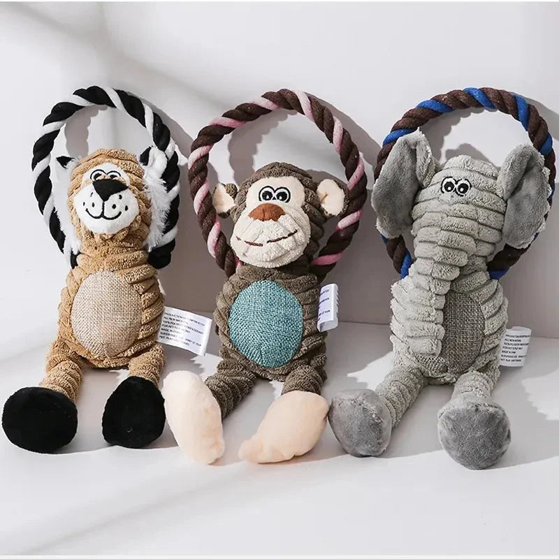 Charming Chums Plush Dog Toys - Durable Squeaky Chewables in Lion, Elephant, and Monkey Shapes - Dog Store Online