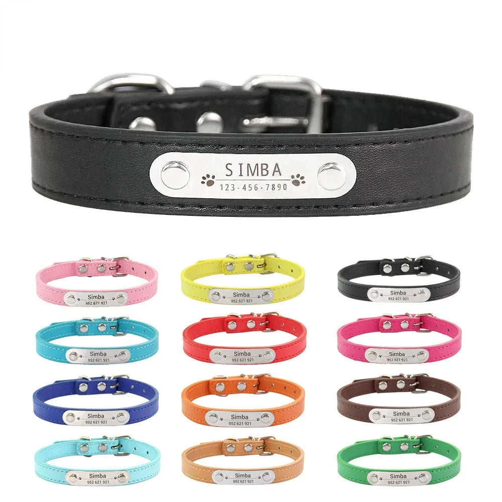 Personalized Solid PU Leather Dog Collar - Custom Name ID for Small, Medium & Large Dogs - Dog Store Online