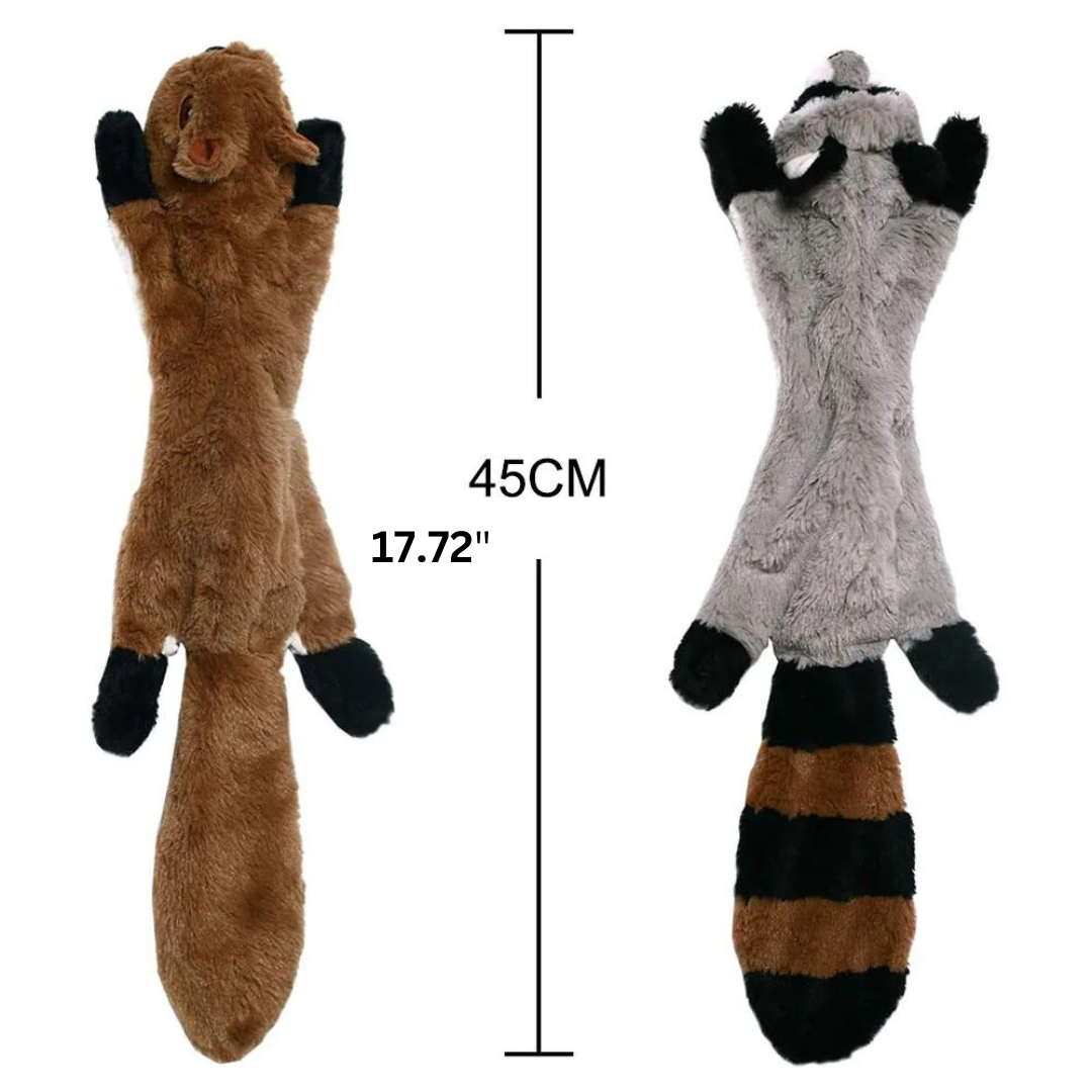 Two Crinkle Critter: Ultimate Squeaky Playmate for Dogs plush dog toys, a brown squirrel and a grey raccoon, are shown lying flat side by side. Both are long, measuring 45 cm (17.72 inches). The squirrel has black paws and a bushy tail, while the raccoon features black stripes on its tail and black accents on its paws and face.