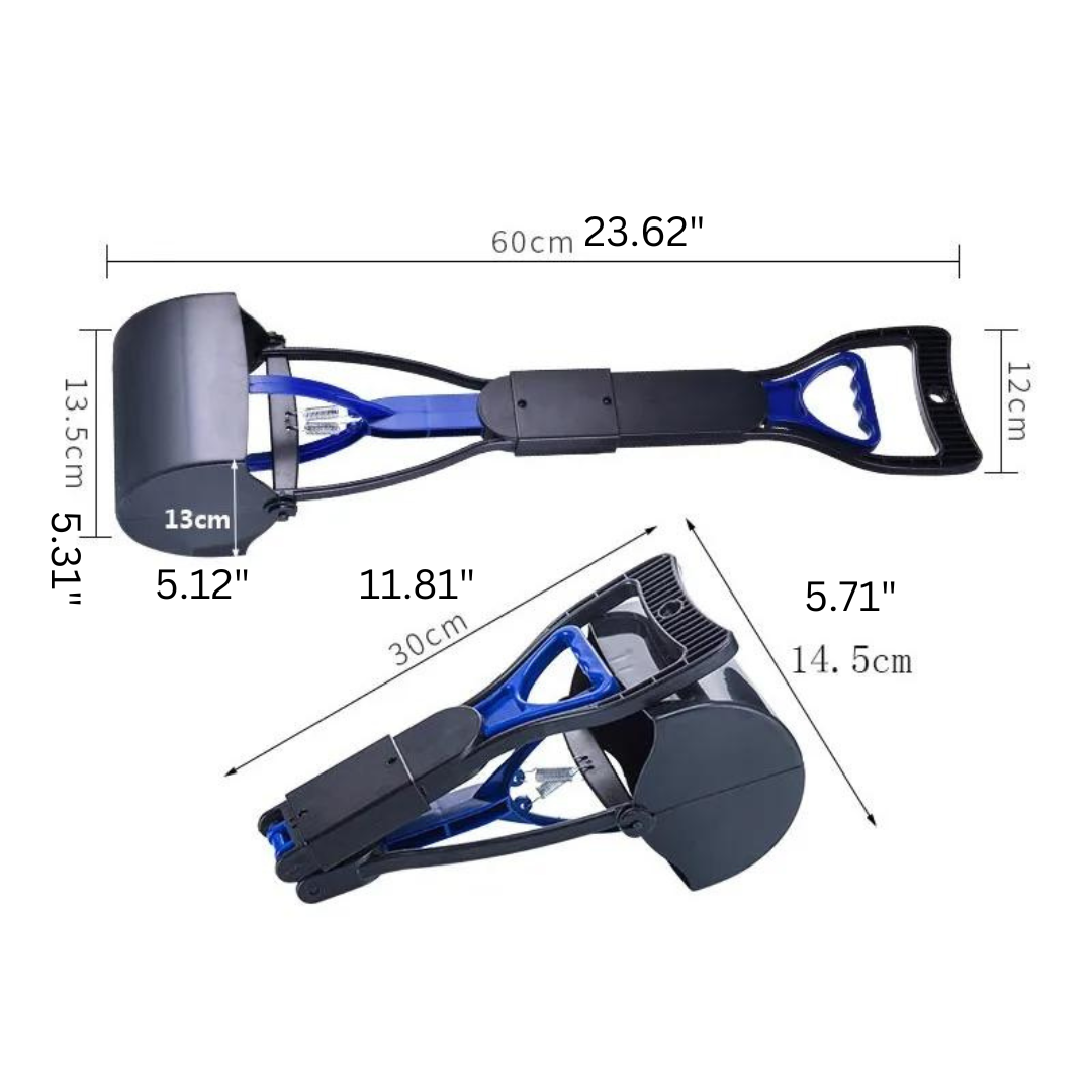 Two images of a blue and black Easy-Clean Long-Handle Pooper Scooper — Effortless Pet Waste Cleanup, made from durable lightweight materials with precise dimensions. The top image shows the scooper fully extended to 23.62 inches (60 cm) in length, while the bottom image shows it compacted to 11.81 inches (30 cm), with additional measurements of various parts labeled.