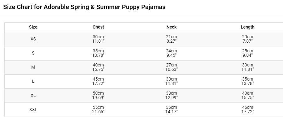 sizing chart Adorable Spring & Summer Puppy Pajamas