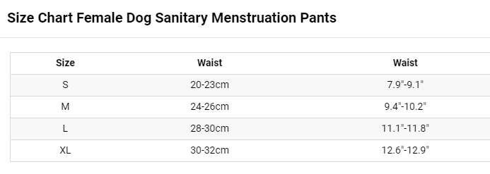 sizing chart Female Dog Sanitary Menstruation Pants