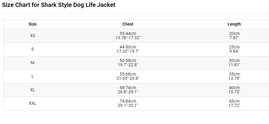 sizing chart Shark Style Dog Life Jacket