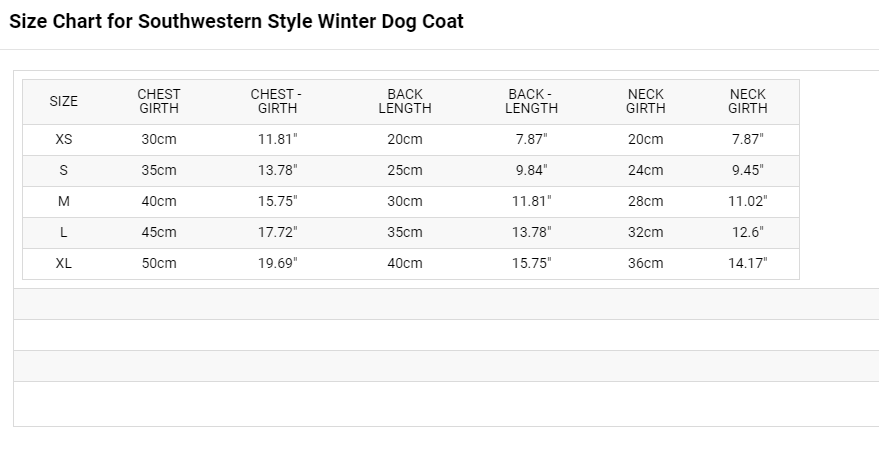 sizing chart Southwestern Style Winter Dog Coat