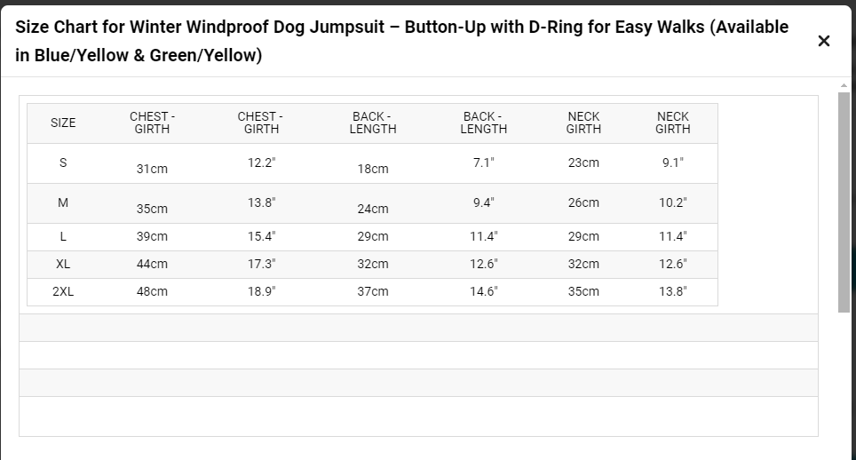 sizing chart for winter windproof dog jumpsuit