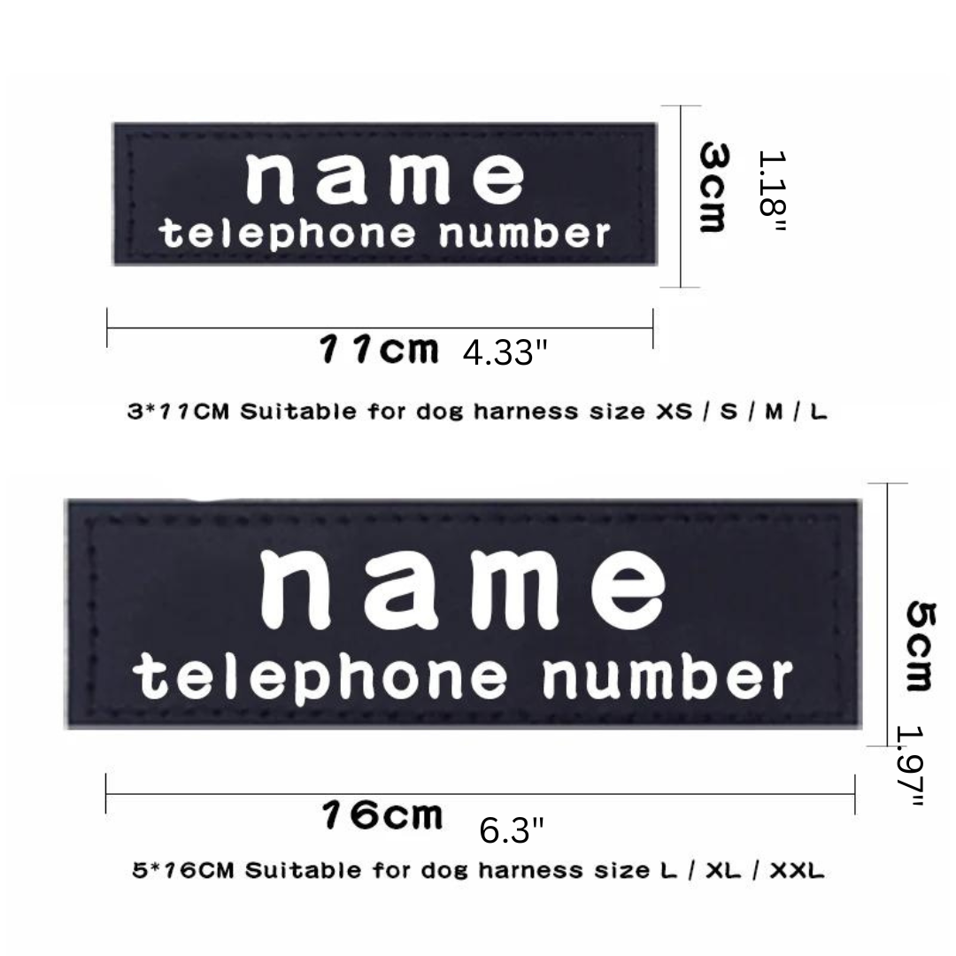 Two black dog harness labels on a white background. The top label measures 11 x 3 cm and the bottom one measures 16 x 5 cm. Text on labels: 