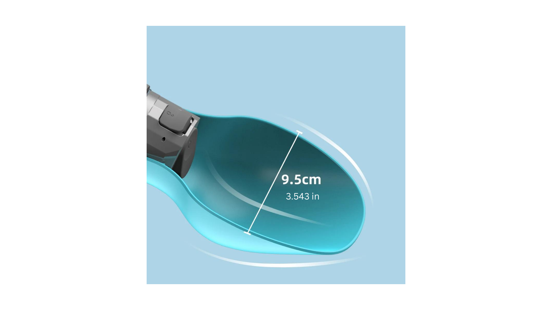 An image depicting a teal-colored, contoured tool with part of it labeled with a diagonal measurement line indicating a length of 9.5 cm (3.543 in). The background is light blue. The tool, resembling the scoop end of an 800ml Portable Dog Water Bottle for Big Dogs – Outdoor Travel Companion with Foldable Drinking Bowl, appears to have a handle as well.