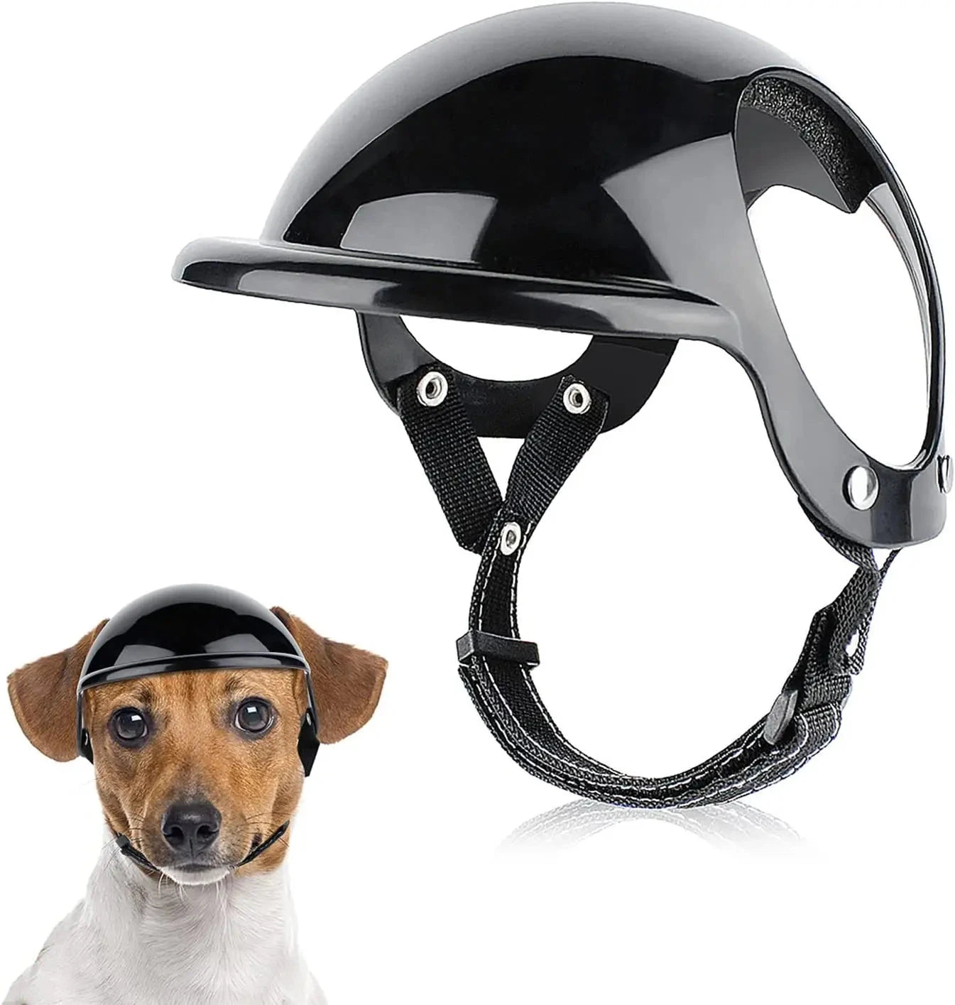 A small dog, possibly a Jack Russell Terrier, wears a shiny black Protective Small Dog Helmet with Ear Holes - Multi-Sport Hard Hat for Motorcycle Rides & Outdoor Adventures designed for pets, featuring ear and chin straps. Next to the dog, there's a close-up of the adjustable helmet alone, showcasing its glossy finish and protective design.