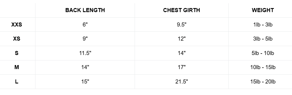 the dog squad Size chart for sweaters with measurements in inches and weight in pounds.