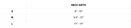 the dog squad measurement chart for necklaces with sizes S, M, and L and corresponding measurements.