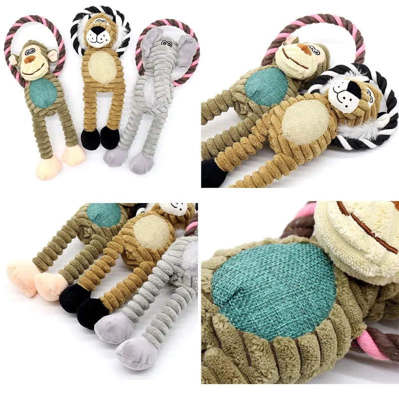 Charming Chums Plush Dog Toys - Durable Squeaky Chewables in Lion, Elephant, and Monkey Shapes include four delightful shapes: a lion, monkey, and elephant. Each toy features a durable braided rope body, crinkly material in the torso, squeaky limbs, and a soft textured face. Knotted rope loops at the top make them perfect for tossing and tugging during playtime.