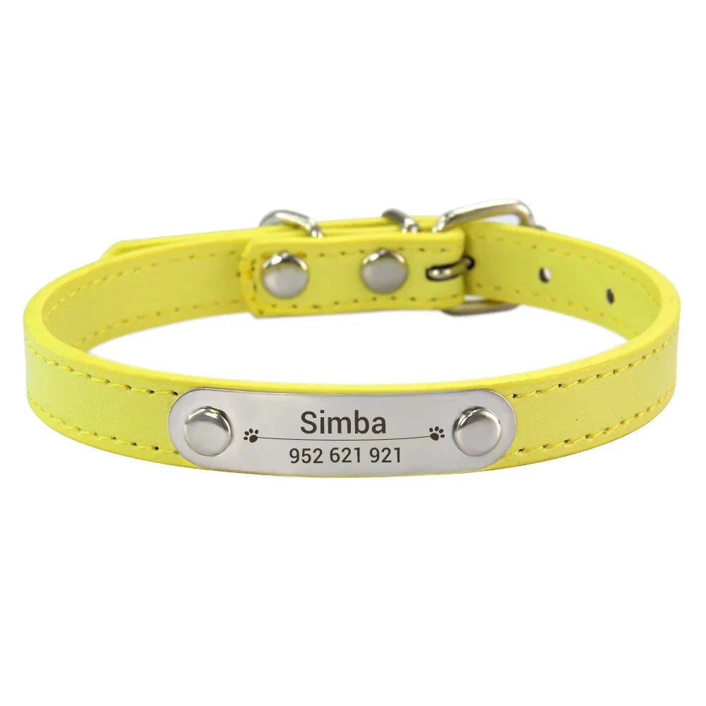 Personalized Solid PU Leather Dog Collar - Custom Name ID for Small, Medium & Large Dogs YELLOW / L(36-46cm) - Dog Store Online